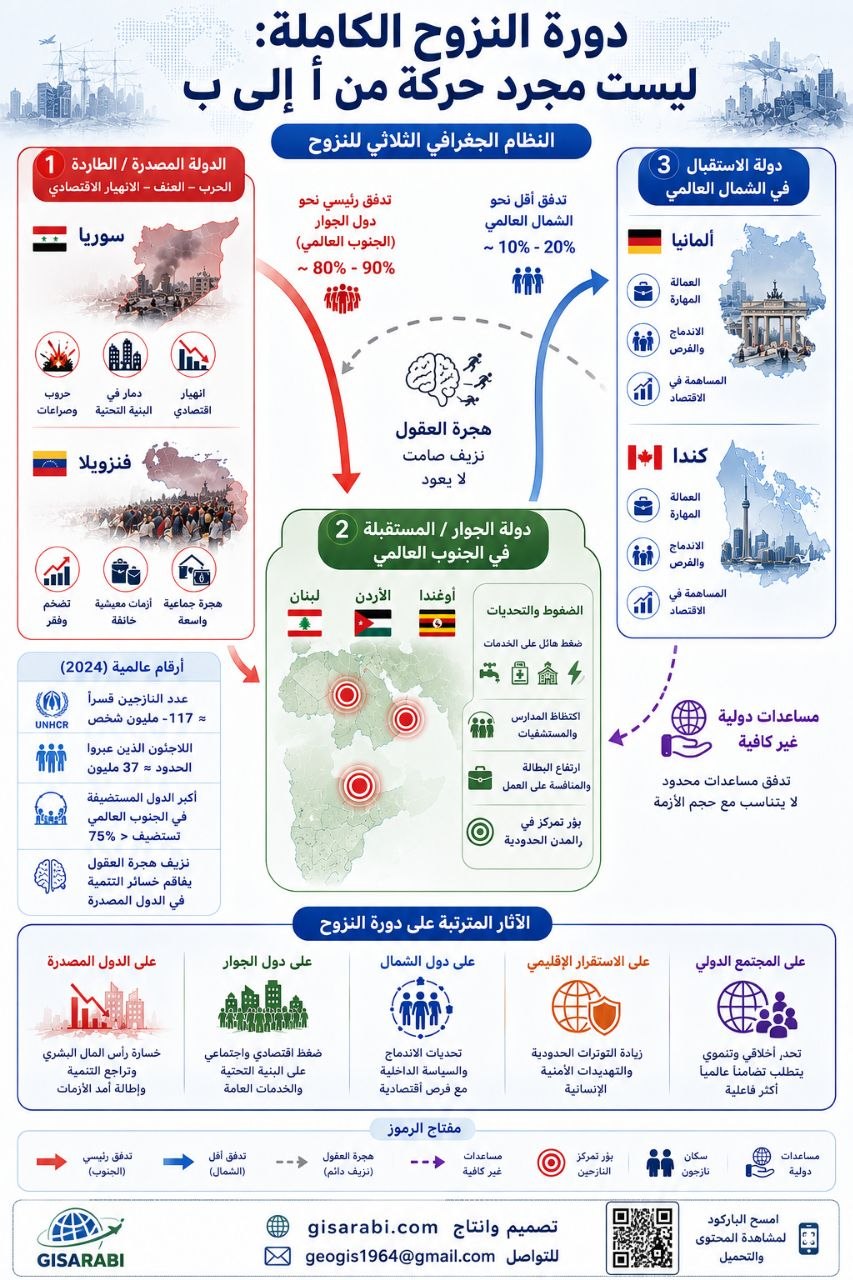 الجغرافيا المتشظية للنزوح: تحليل متعدد المقاييس لأبعاد الطرد والاستقبال والآثار الاجتماعية والاقتصادية لظاهرة اللجوء